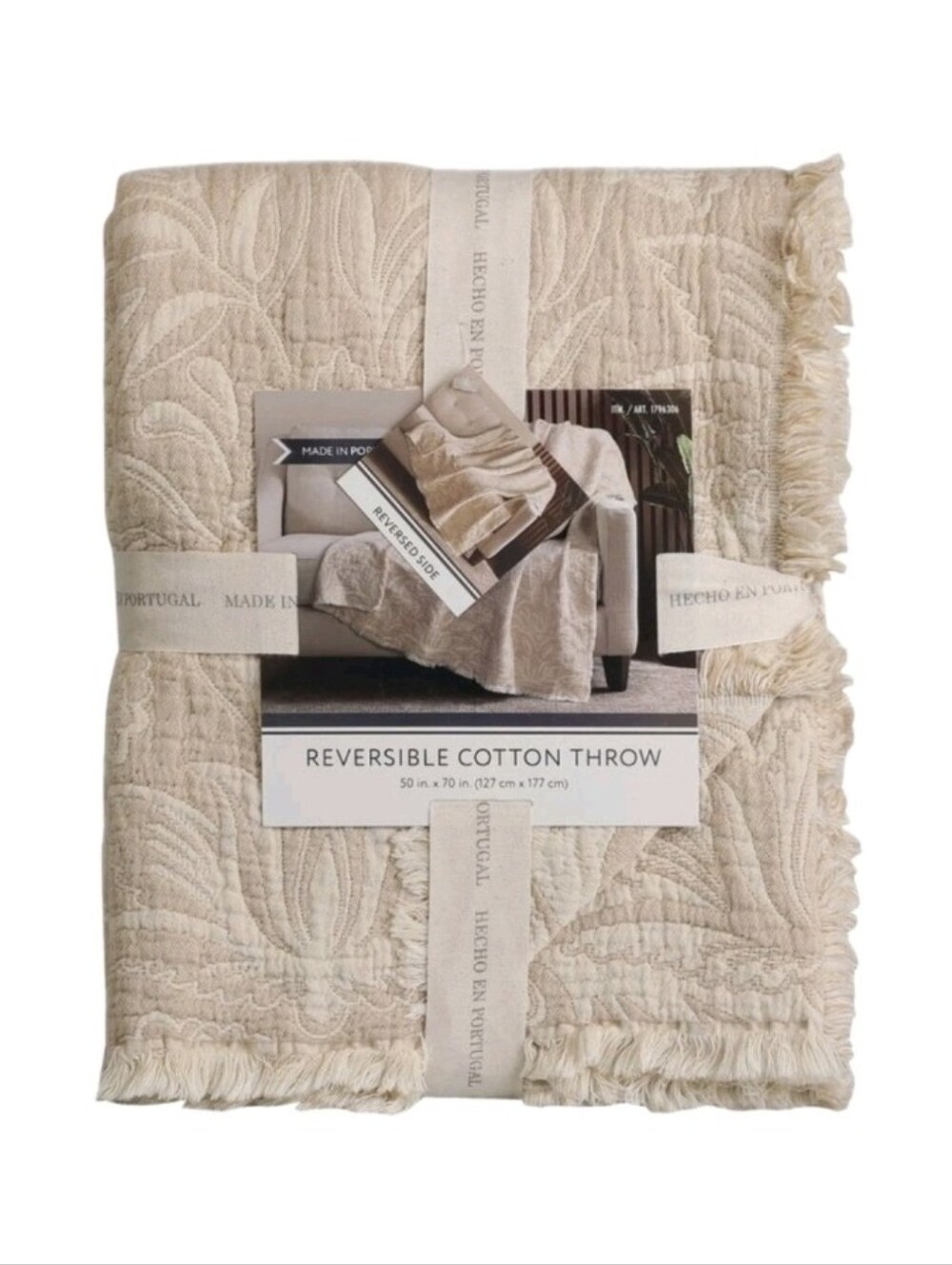 100% Cotton Throw Blanket Made in Portugal Fringed Edges 50x70" Reversible Beige